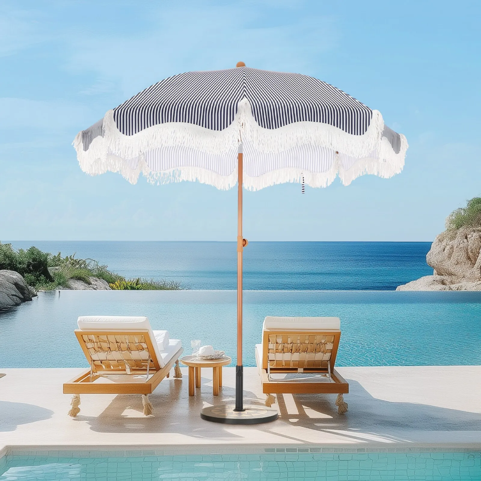 

7ft Beach Umbrella with Carry Bag Patio Outdoor Fringe Umbrella Crank Tilt