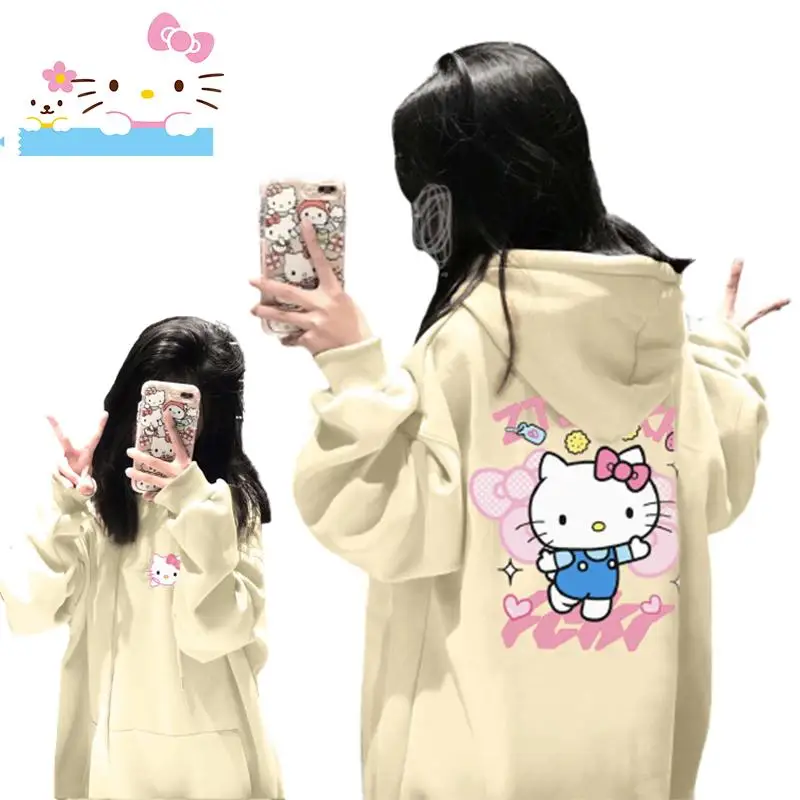 Kawaii Hello Kitty Sanrio Couple Models Hooded Sweater Anime Cartoon Sweatshirt Cotton Fleece Autumn Winter Men Women Casual