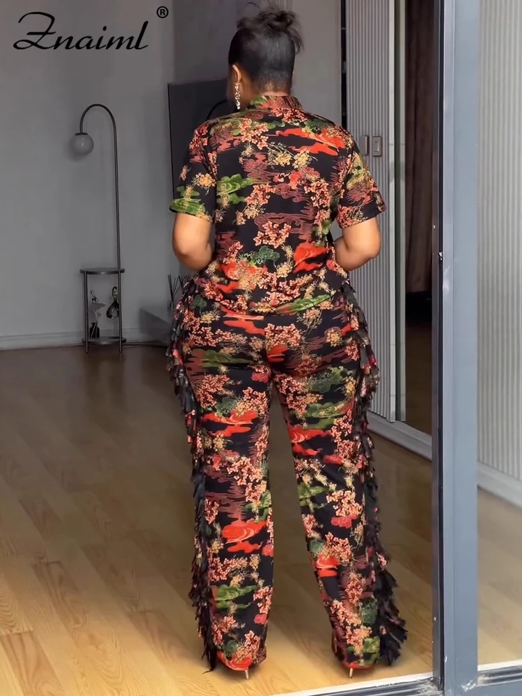 Znaiml décontracté imprimé été femmes col rabattu boutonné petit haut et gland pantalon deux pièces correspondant ensembles tenues de bureau