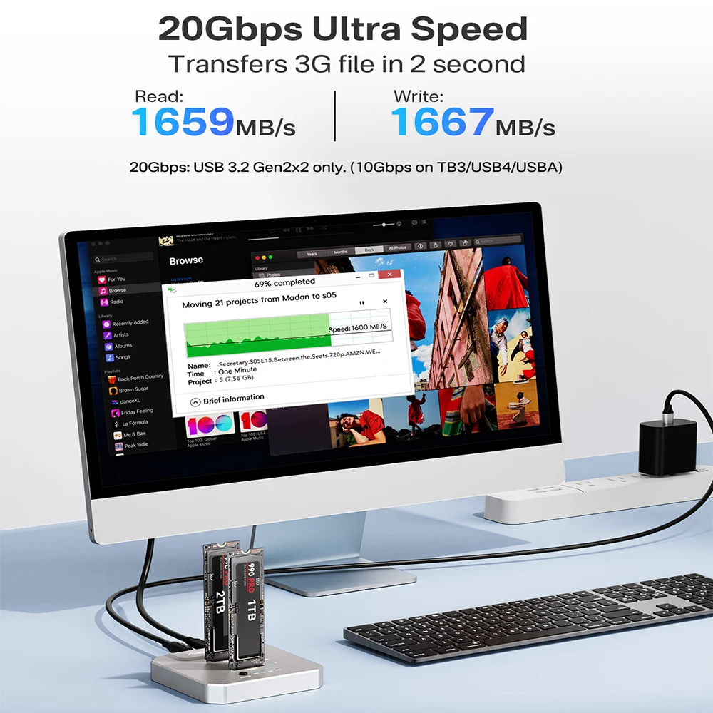 Acasis 20Gbps Dual-Bay M.2 NVME SSD Enclosure SSD Duplicator Offline Clone USB 3.2 Type-C Gen2 to NVMe Docking Station for Pc