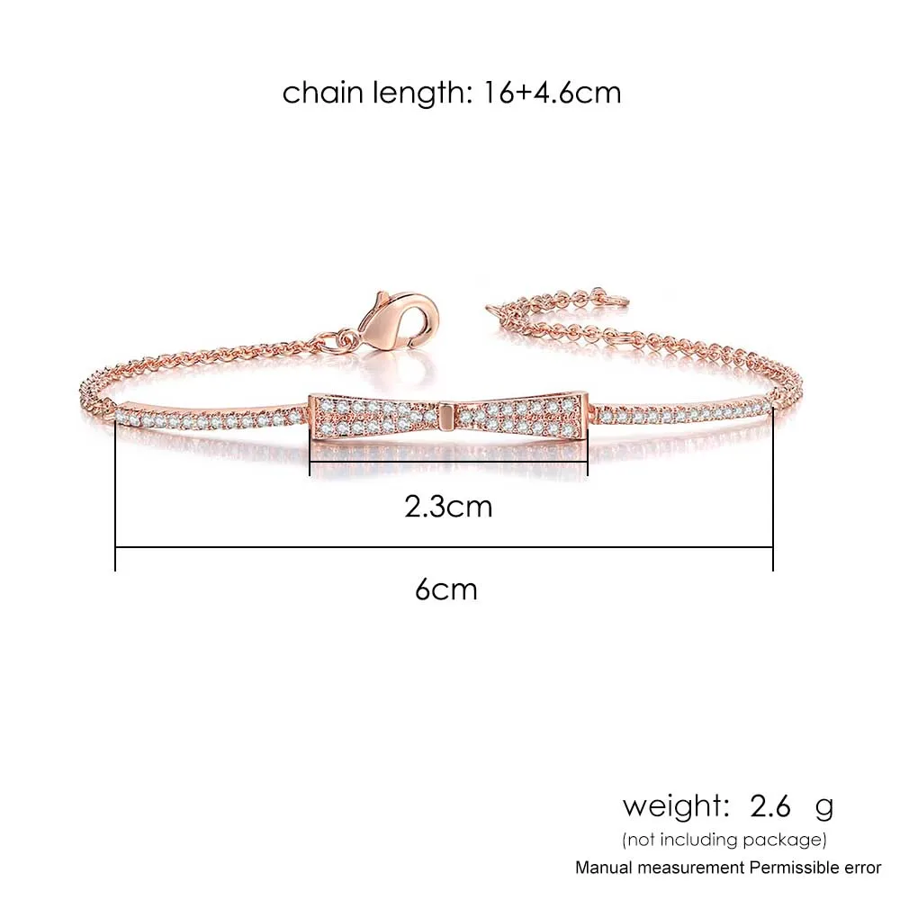 Cute Dainty Bowknot Bracelets For Women Girls Rose Gold Color Silver Plated Zirconia Chain on Hand Daily Fashion Jewelry H203