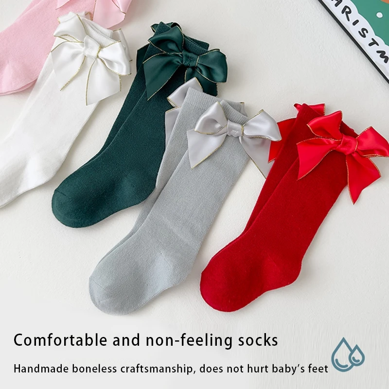 Baby Kids Girls Long Socks Sweet Bow Socks Soft Elastic Lightweight Toddler Socks for Daily Christmas Children's Stockings