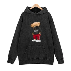 New men's and women's hooded pullovers with teddy bear print, loose, simple, trendy American long sleeved street hoodie