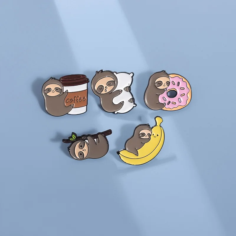 Lazy Sloth Enamel Pins Coffee Donut Banana Pillow Brooches Lapel Badges Cartoon Animal Decoration Jewelry Gift for Kids Friends