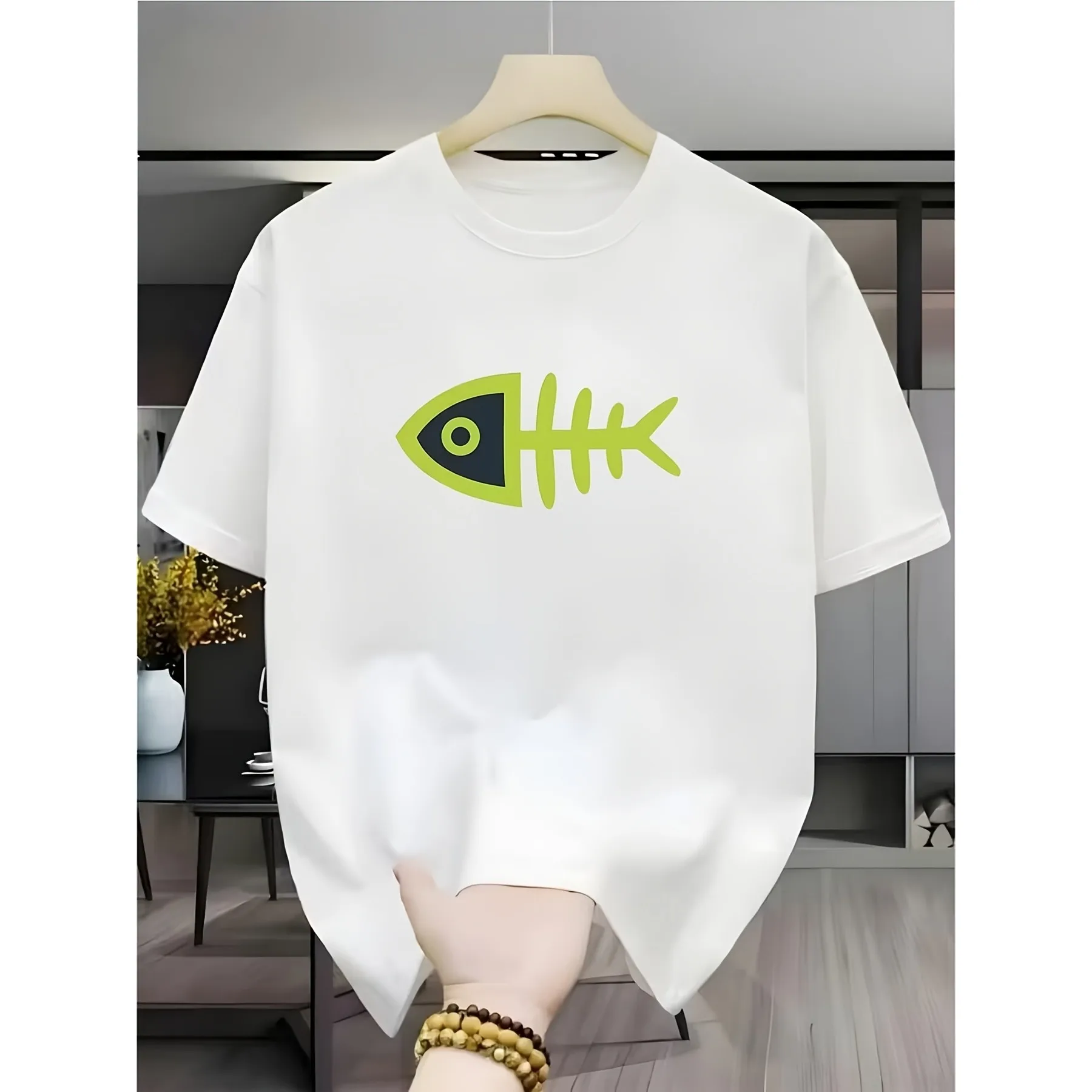 Fishbone Skeleton Graphic Men Cotton T-Shirt Breathable Short Sleeve Casual Loose Tee