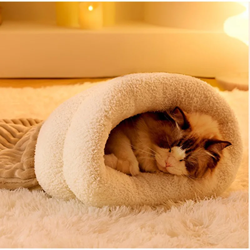 Katzenschlafsack, warm, flauschig, geschlossener Tunnel, Katzenbett für Hauskatzen, Katzenhöhlenbett, gemütliches, selbstwärmendes Haustierbett für Kätzchen – Detail 7