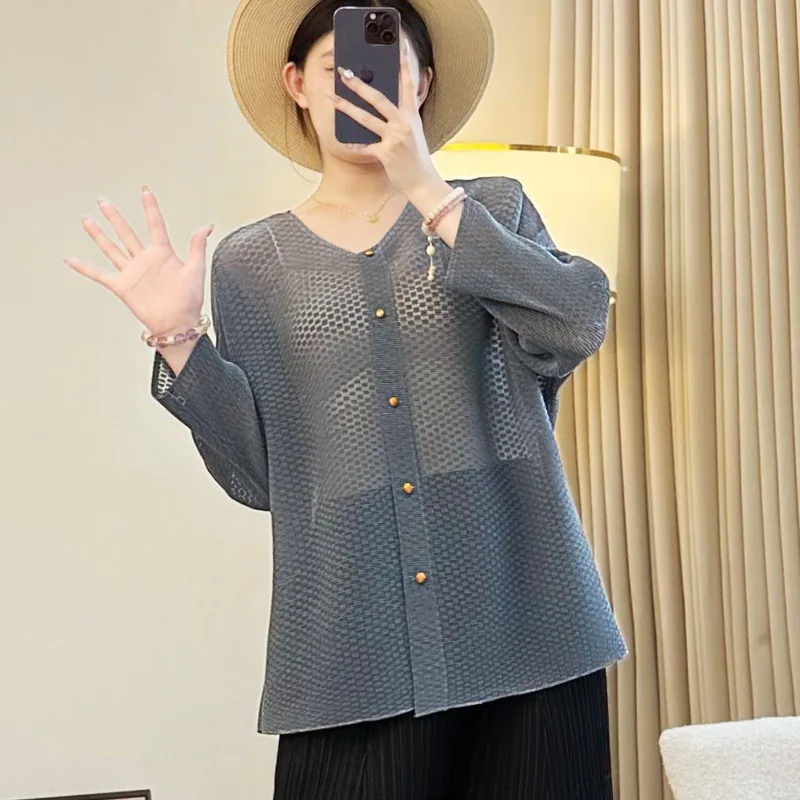 

Miyake Folds New Spring Fall Thin Blouse Big Yards Loose Shirt Female Thin Jacket Casual Commuting Woman Wrinkle-Free Clothes