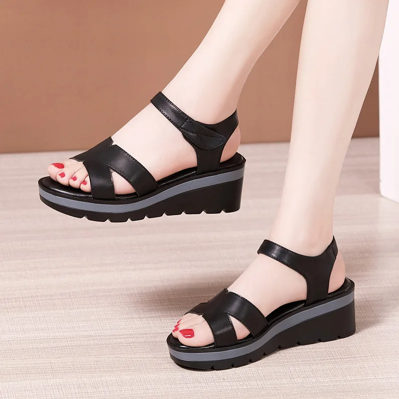 High quality summer wedge leather sandals for women 6cm high heel 2024 size 33 34 43 platform open toe elegant shoe black white