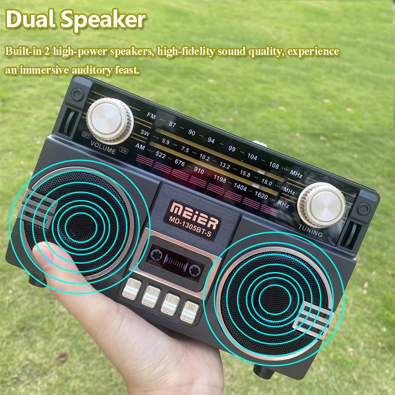 Portable Vintage FM AM SW Radio Rechargeable Full Waves Radios Dual Speaker Wireless Bluetooth Music Player Solar Charging