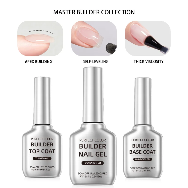 PERFECT COLOR Master Builder Gel Collection, Self Leveling Builder Gel, Builder Base Gel, Builder Top Coat Set, UV LED Cure
