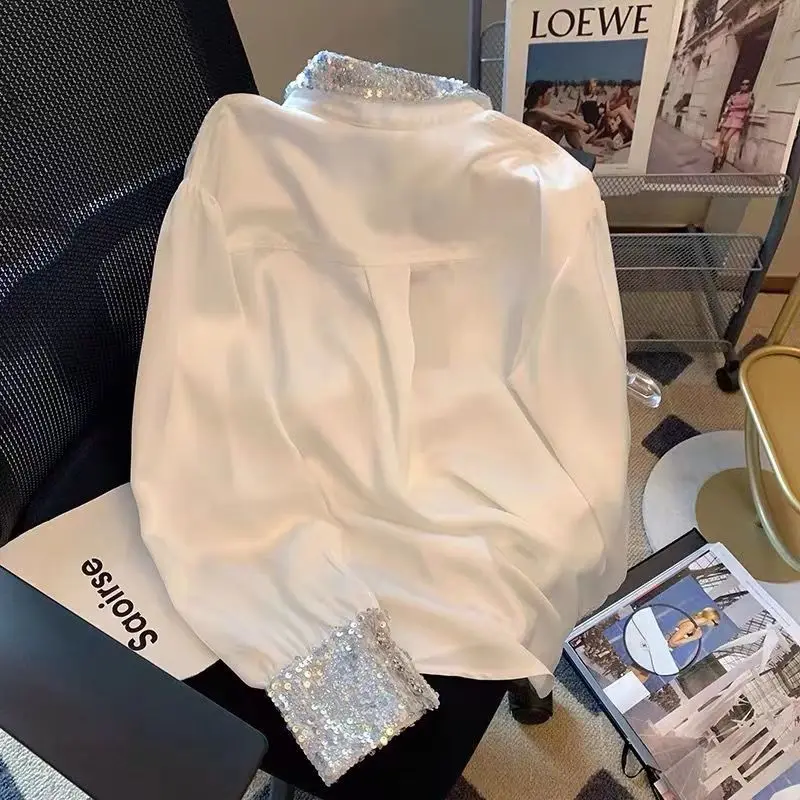 Women's Polo Collar Patchwork Sequined Solid Color Shirt Spring Autumn Fashion Long Sleeved Shimmery Button Pocket Cardigan Tops