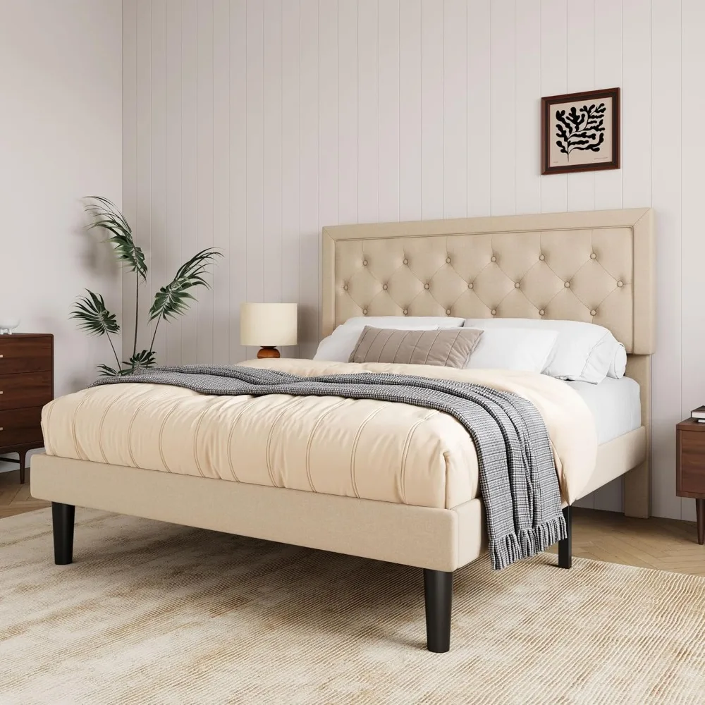 Cadre de lit rembourré Queen Size avec tête de lit réglable, support à lattes en bois et sommier de matelas en beige
