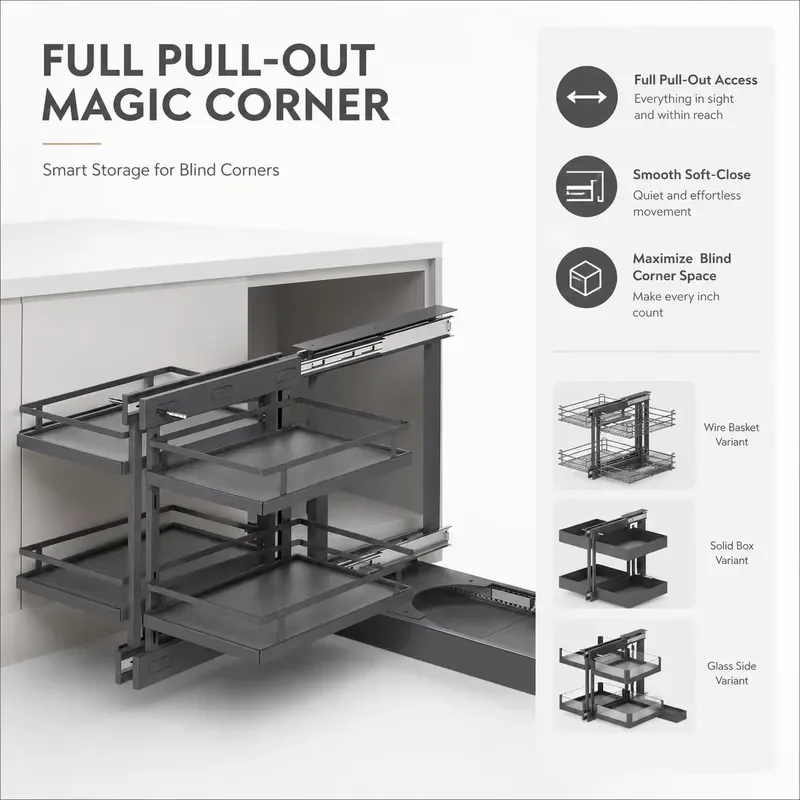 TKK kitchen pull-out magic corner cabinet storage rack, slow-closing shelf drawer storage basket, full extension magic corner