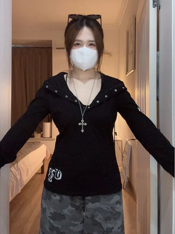 Damska bluza z kapturem plus size, casualowa, w stylu amerykańskim, z długim rękawem, jesienna, modna, wyszczuplająca, elegancka, do pracy, z nadrukiem.