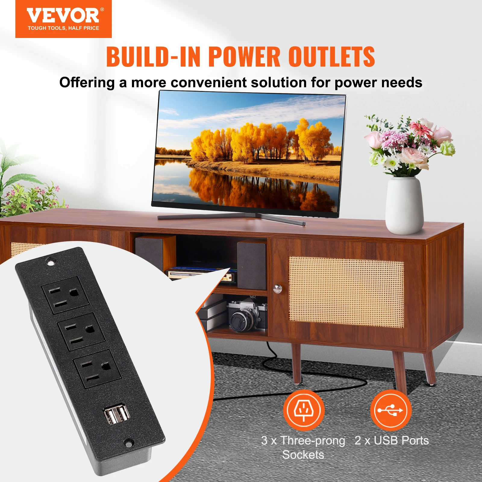 VEVOR Rattan TV Stand Mid Century Modern TV Stand with Build-in Socket USB Ports Adjustable Shelfs for Living Room Media Room 