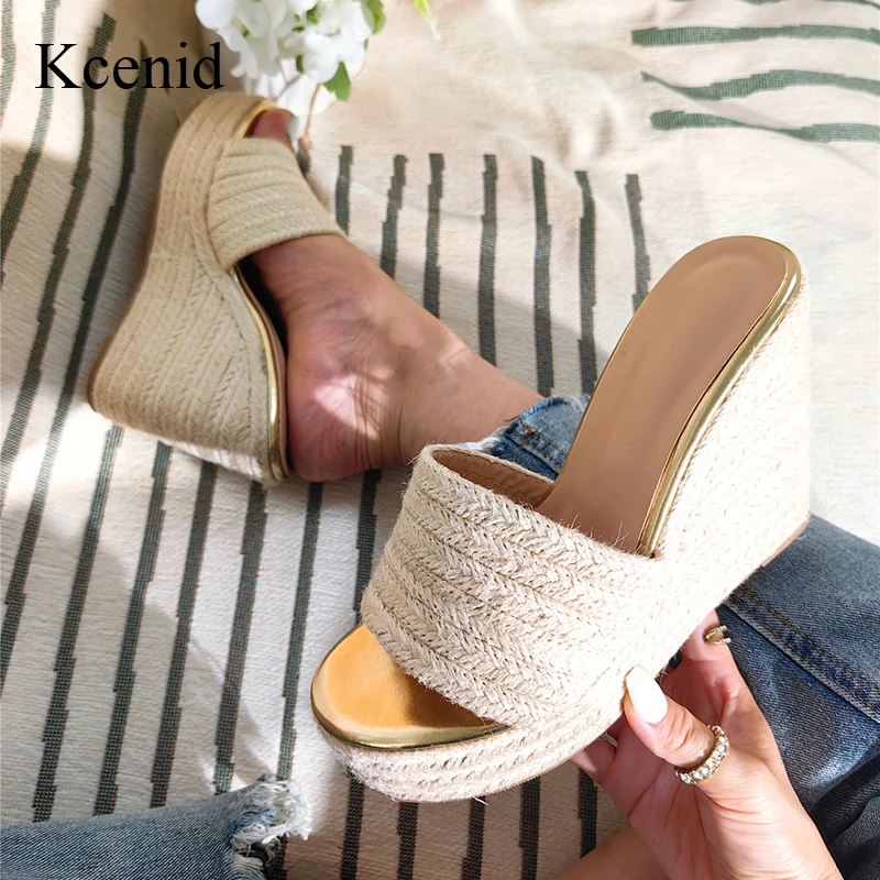 

Kcenid Summer Cane Straw Weave Narrow Band Open Toe Wedge Slippers Platform Sandals Women Fashion High Heels Female Shoes