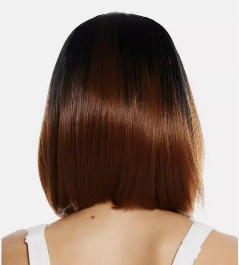 Women's Wig Short Smooth Long Bob Middle Part Ombre Black Copper Brown