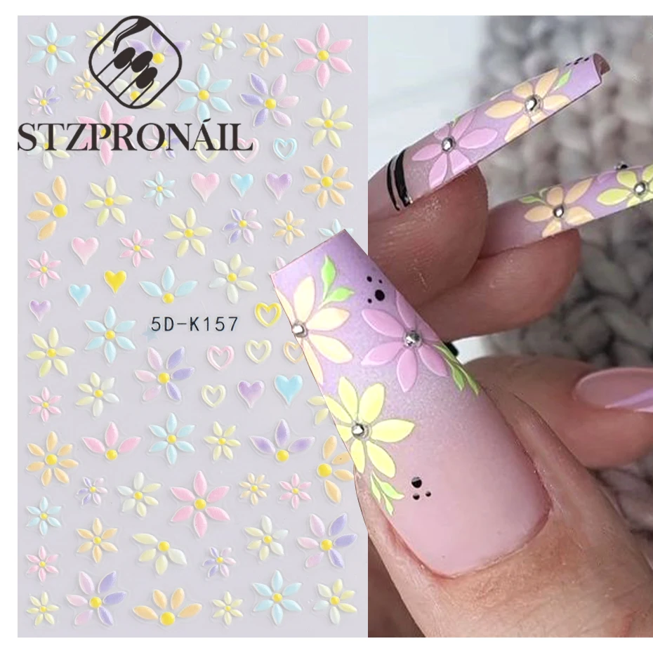 

5D Daisy Nail Stickers Love Heart Flower Rabbit Lace Petals Elegant Manicure Engraved Slider Summer Nail Accessories SL5D-K