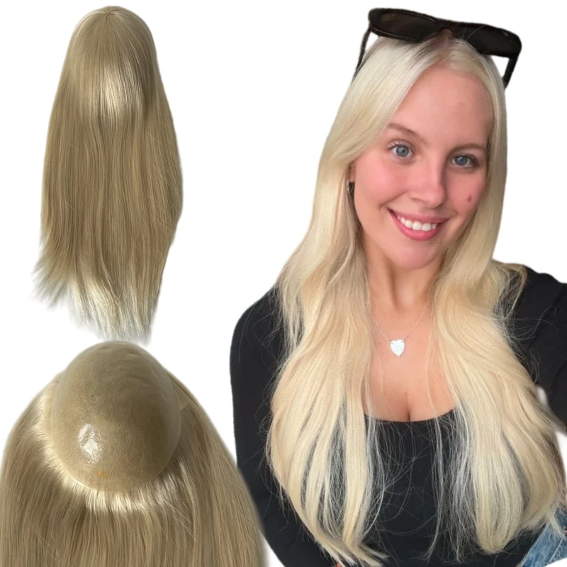 16 Inches Brazilian Virgin Human Hair Replacement Blonde Color 613# Poly Skin Unit 7.8x9.8 Knots PU Topper for White Woman