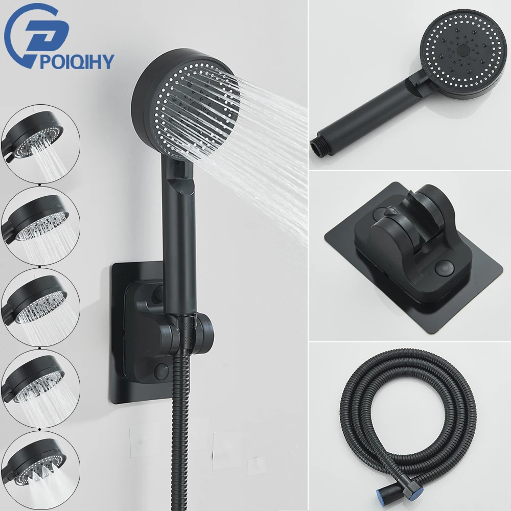 

Water Saving Black Shower Head 5 Modes High Pressure Adjustable Handheld Head Handshower Head Plastic Bracket 150cm Hose