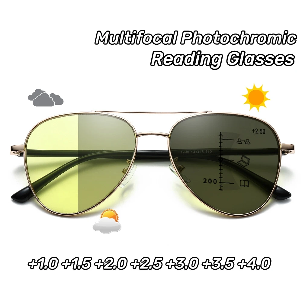 Retro Double Beam Large Frame Presbyopia Glasses Night Vision Photochromic Multifocal Reading Glasses Anti Blue Light Eyeglasses