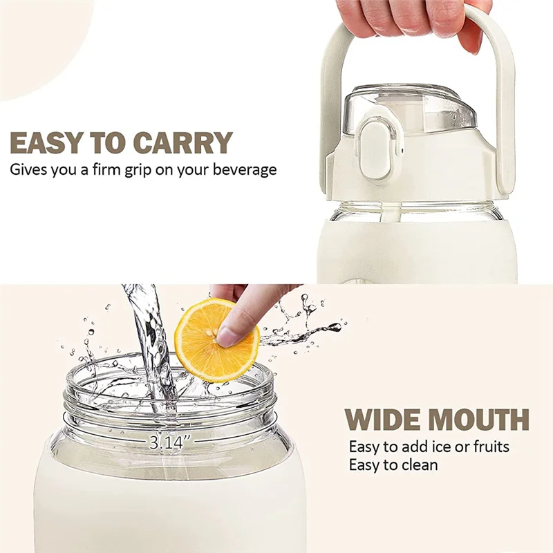 

ABIY 64Oz Glass Water Bottles with Straw, Glass Bottle with Silicone Sleeve and Time Marker, for Gym Home Office White