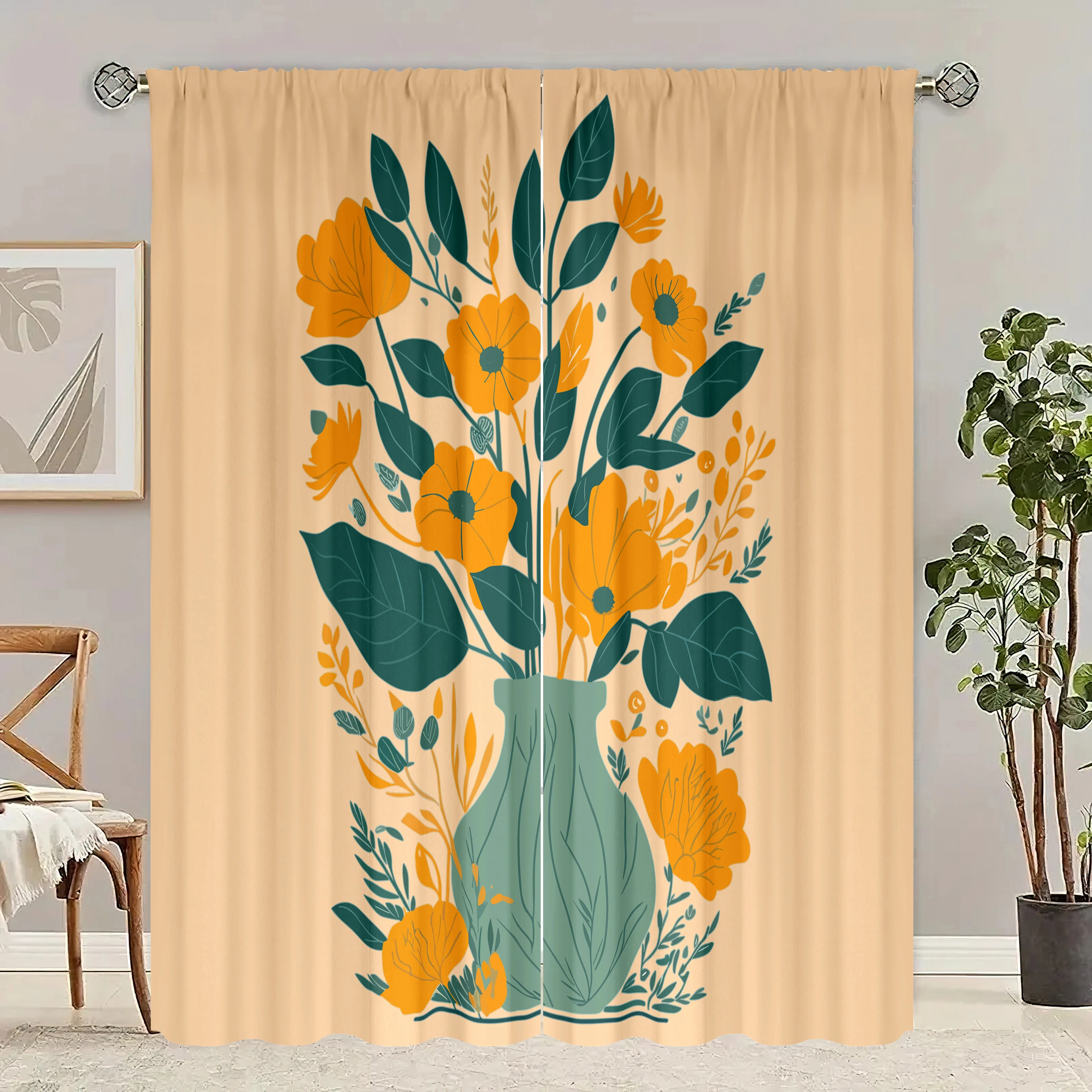 

​​Botanical Floral Print Curtains 2-Piece Polyester Set for Bedroom, Living Room & Study Decor, Elegant Blossom Window Treatment