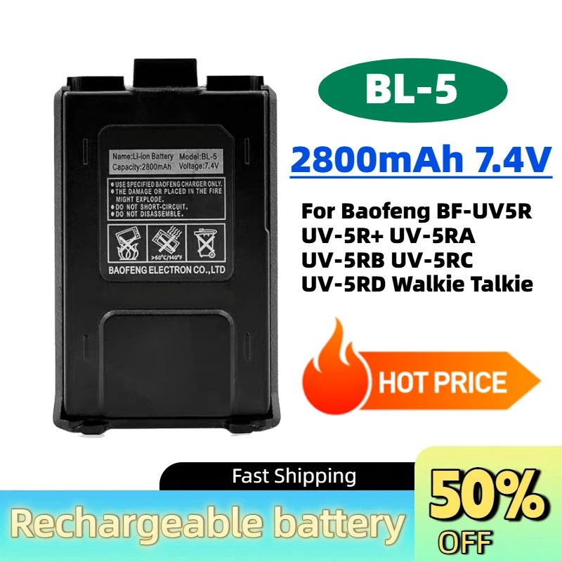 High-Quality New BL-5 2800mAh 7.4V Rechargeable Battery for Baofeng BF-UV5R UV-5R+ UV-5RA UV-5RB UV-5RC UV-5RD Walkie Talkie