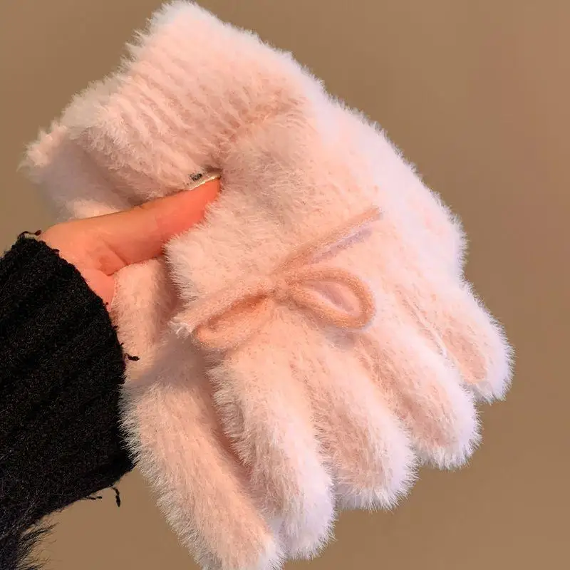 Cute Sweet Bow Plush Gloves Cold-Proof Gloves Student Winter Warm Five-finger Gloves Women Fashion Accessories Christmas Gifts