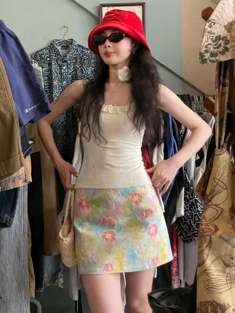 تنانير نسائية على الطراز الفرنسي عتيقة ملابس شارع كاواي مُزينة بالزهور صيفية Y2k حفلة لطيفة على شكل حرف a موضة جمالية Harajuku Mujer Faldas