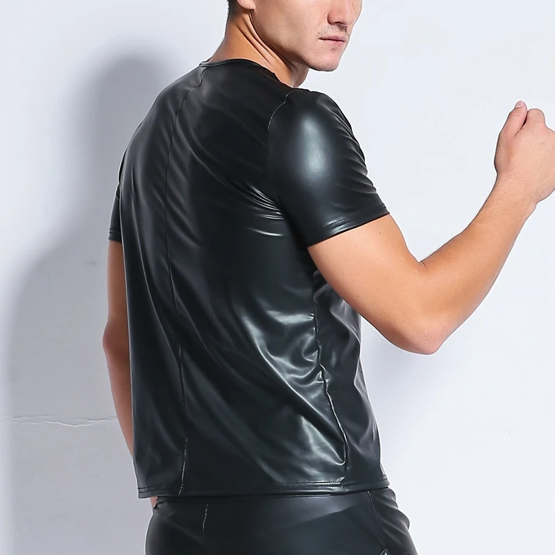 Sexy Men's Faux Leather Black T-Shirt Slim Mesh Patchwork Tops Short Sleeve Tees Men Wet Look Latex Nightclub Catsuit T Shirts