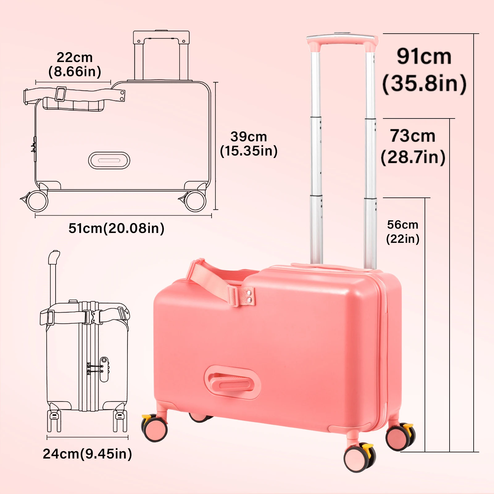 حقيبة سفر للأطفال مقاس 20 بوصة حقيبة سفر مع دواسة قدم وعجلات وعربة أطفال آمنة