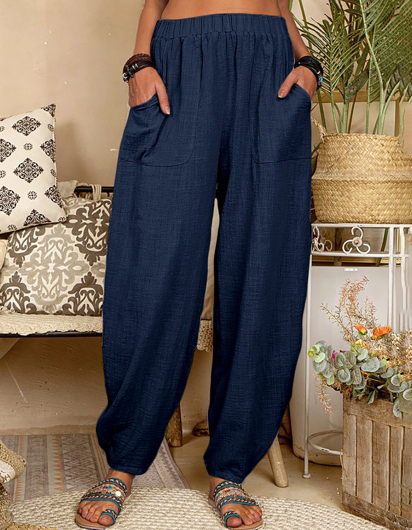 Damenmode Boho Haremshose Lässige Weite Hose mit Elastischem Bund und Seitentaschen in Unifarbe für den Alltag – Detail 1