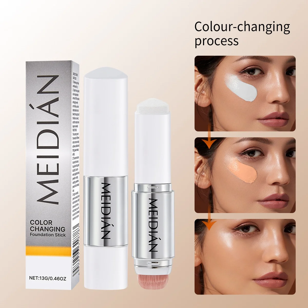 2-in-1 Self-Adapting Foundation Stick with Brush – Skin-Matching Color, Lightweight & Hydrating, Second-Skin Natural Glow
