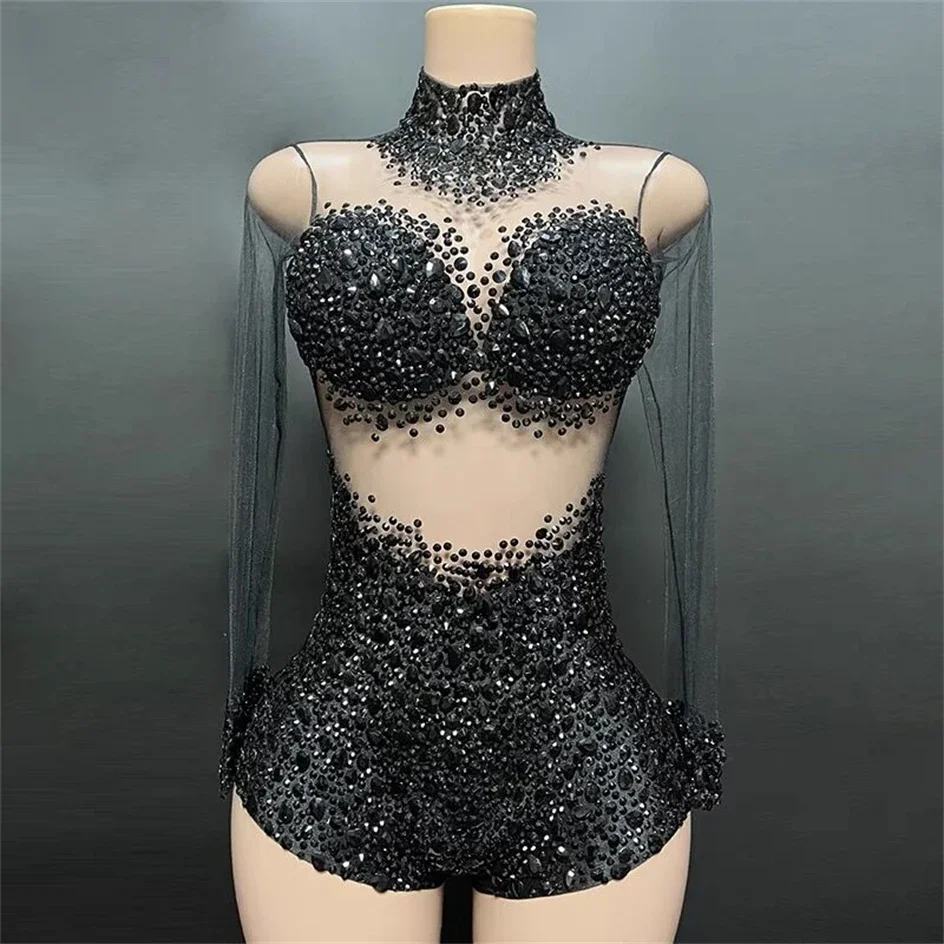 Costume de tambours en maille transparente noire, costume de performance de soirée, combishorts de scène, chanteuse et séparés euse de boîte de nuit, sexy, cristaux de luxe