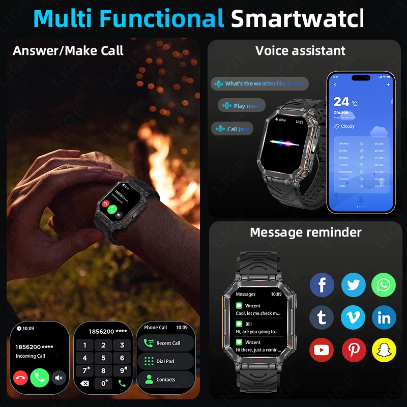 LIGE GPS Smart Watch 2.01" HD Display Built-in Compass Barometric Altimeter Voice Call Smartwatch 3ATM Waterproof Sports Watches