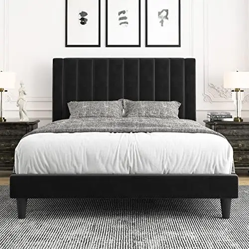 

Full Bed Frame/Velvet Upholstered Bed Frame with Vertical Channel Tufted Headboard/Strong Wooden Slats/Platform Bed Frame/Mattre