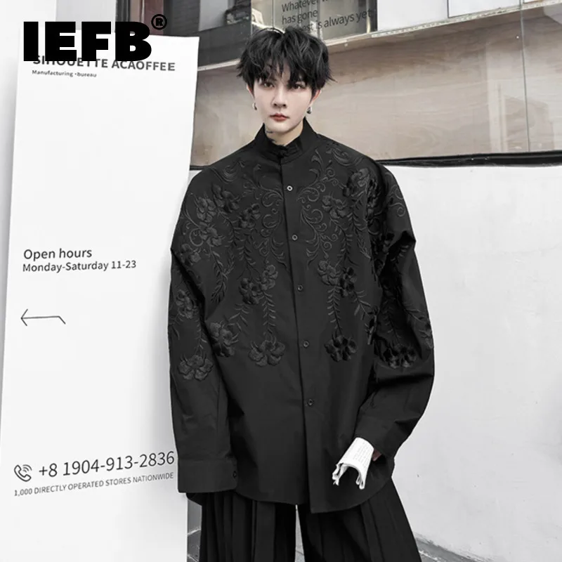 

IEFB Trend Autumn Male Shirts Loose Solid Color Stand Collar Embroidery Casual New Single Breasted Long Sleeve Menwear 9C7446