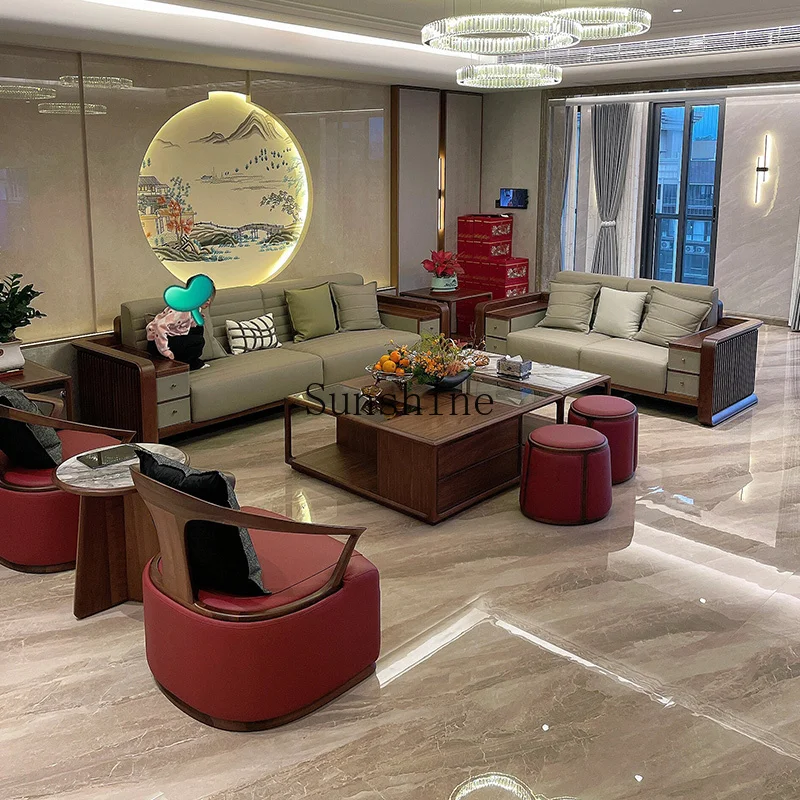 

New Chinese-style solid wood sofa living room high-end walnut leather small apartment