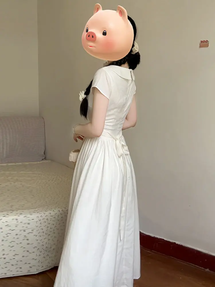 Vestido adeazante de corte en A con cuello Peter Pan, manga corta, estilo coreano para estudiantes, vestido midi entallado ...