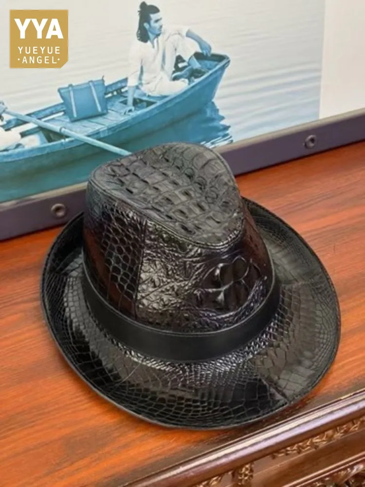 Autumn New Designer Mens Real Crocodile Leather Top Hat Gentlemen Formal Hat Sun Protect High Quality Real Leather Cap Accessory
