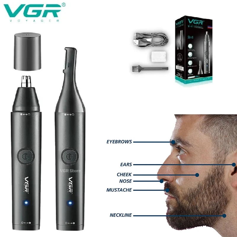 VGR Washable Nose Hair Trimmer Beard Facial Hair Trimer Eyebrow Electric Brow Nose Trimmer 2 In 1 Rechargeable V-613