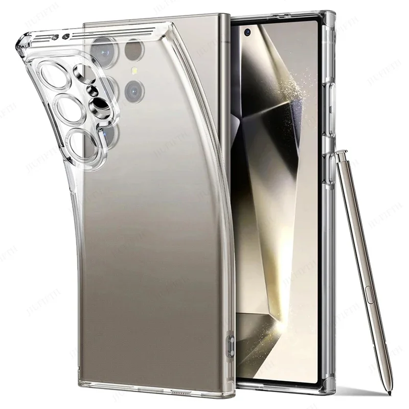 

Original Clear Silicone Case For Galaxy Samsung S25U S25 S24 S23 S22 S21 Ultra FE Plus + Thin Crystal TPU Cover A14 A34 A54 5G