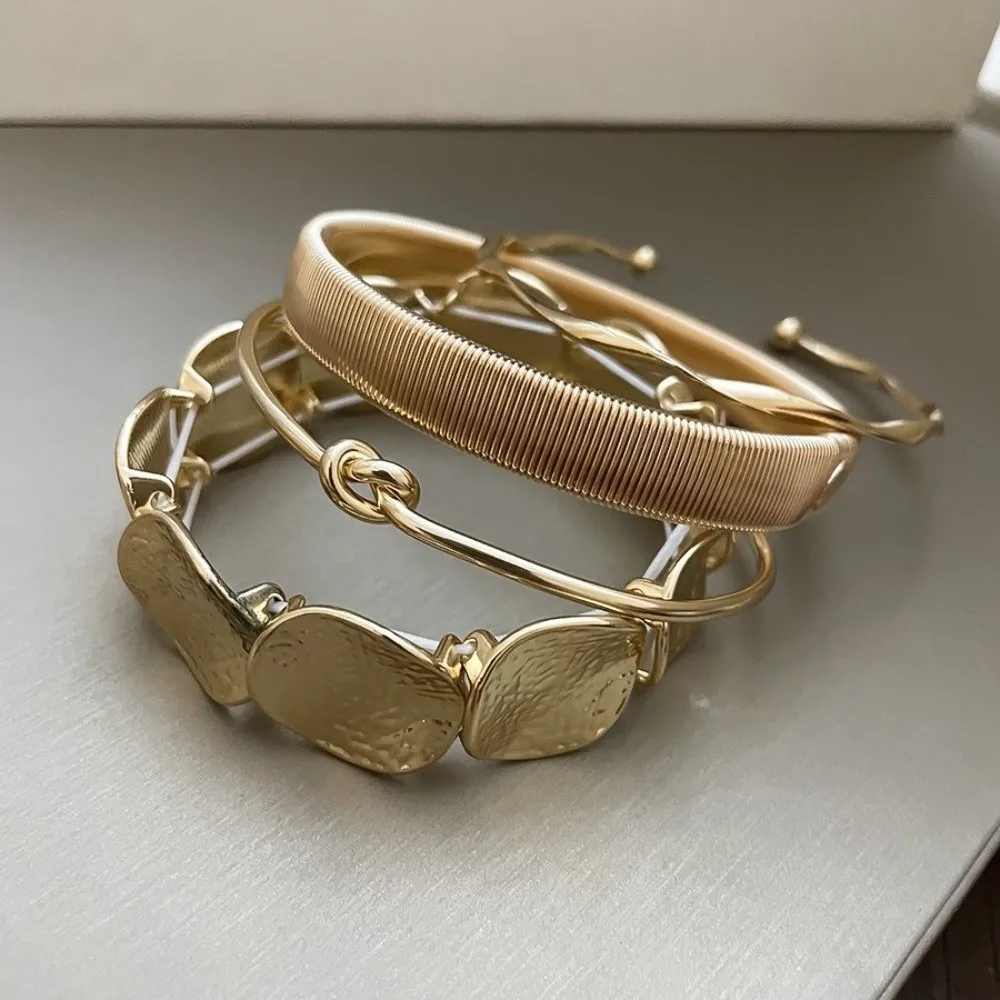 4Pcs/Set Exaggerated Wide Multilayer Bangles Round Metal Irregular Bracelet Set Boho Gold Silver Retro Hand Ring Gift