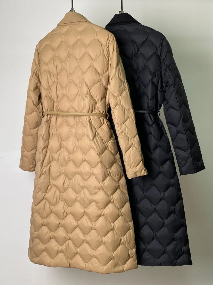 Wysokiej jakości damska kurtka puchowa jednorzędowa z paskiem, ciepła długa kurtka z kołnierzem, elegancka odzież biurowa, streetwear, casualowy płaszcz.