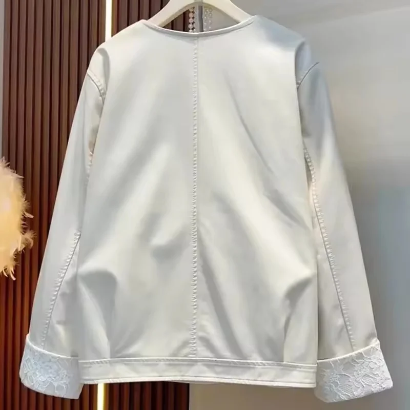2025 outono novas mulheres jaqueta de couro do plutônio rendas punhos soltos jaquetas de manga comprida feminino xiaoxiangfen casaco de couro fashionstop