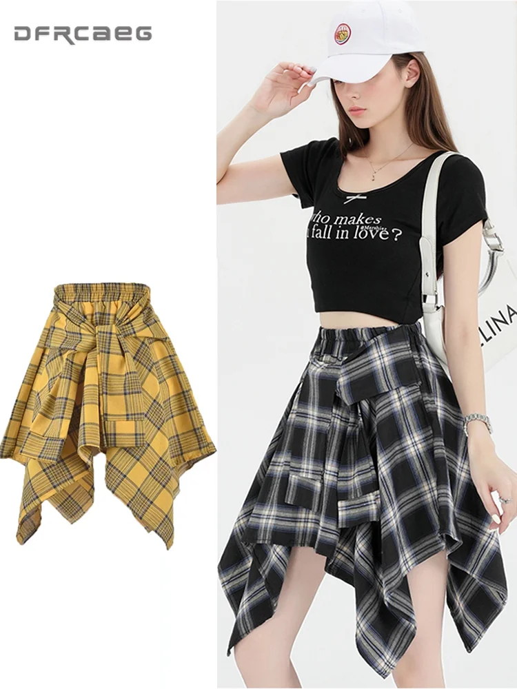 Streetwear Plaid Print Irregular Women's Summer Short Skirt With Lace Bow Elastic Waist Casual Vintage Harajuku Skirts Girls