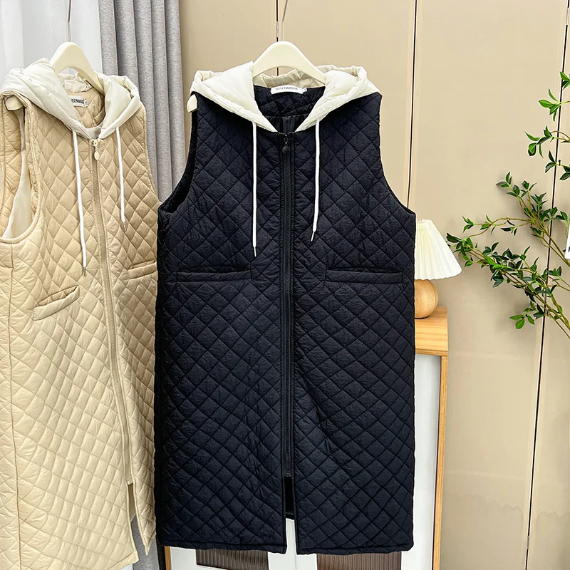 Womens Plus Size Winter Parkas Casual Clothing Simple Block Color Hooded Sleeveless Jacket Curve Argyle Long Padded Coat S6 5705