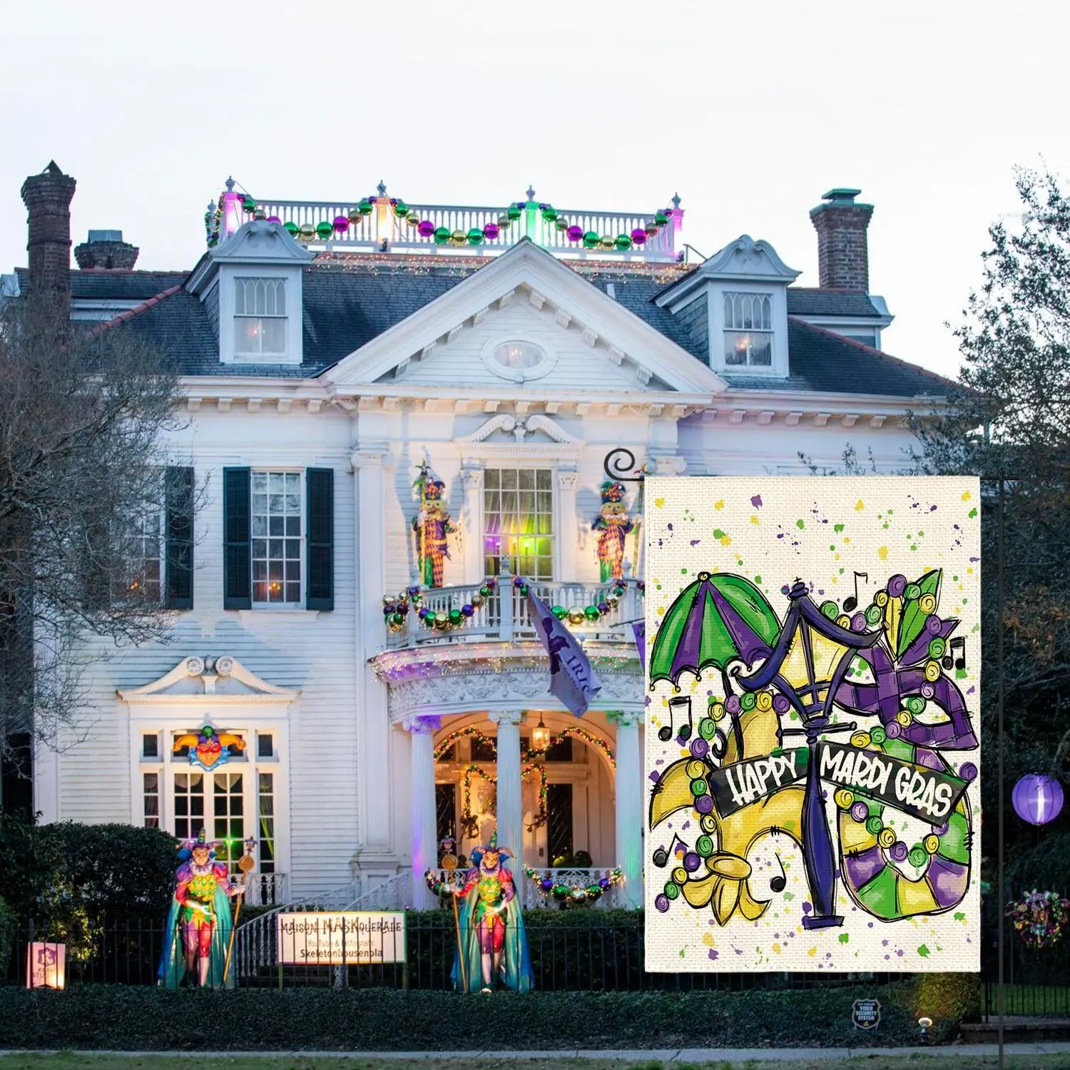 AVOIN Happy Mardi Gras Masquerade Fleur de Lis Umbrella Garden Flag Vertical Double Sided, Holiday Party Mardi Gras Bead La