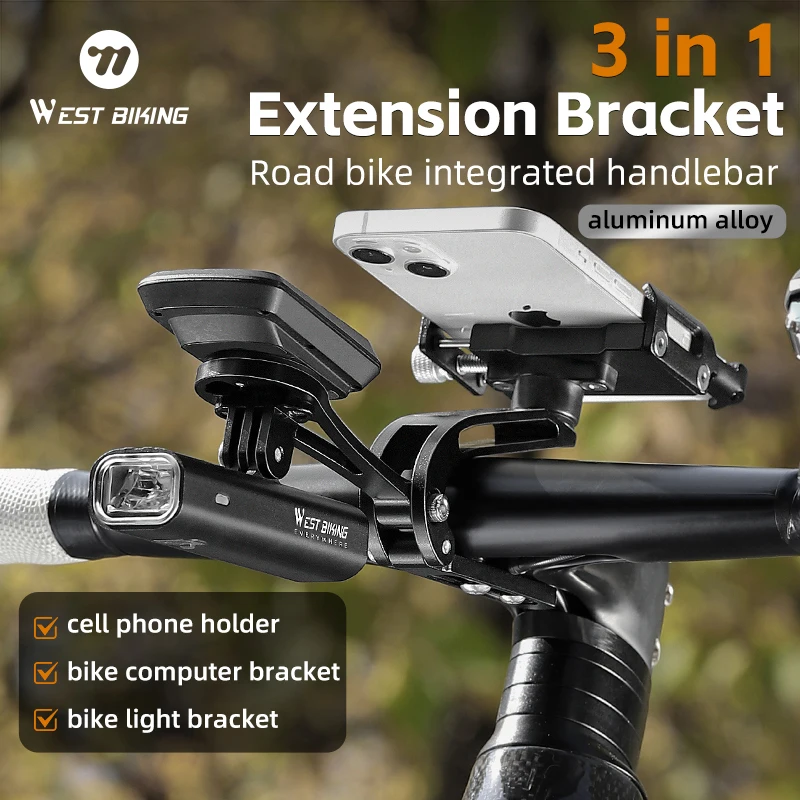 WEST BIKING Bike 3 in 1 Extension Bracket Multifunctional Integrated Phone Headlight Computer Holder Bike Aluminum Alloy Stand